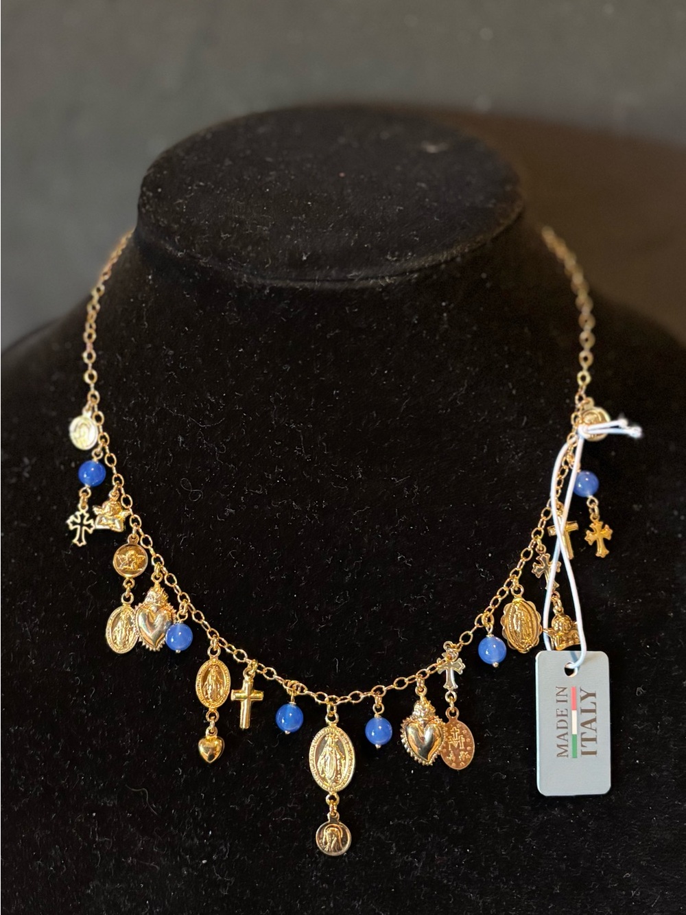 Gold Charm Necklace with Blue Bead Accents — Made in Italy